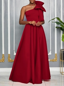 Elegant dark red one-shoulder evening gown with large bow and flowing A-line skirt