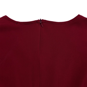Detail of burgundy dress featuring round neck design and back invisible zipper closure