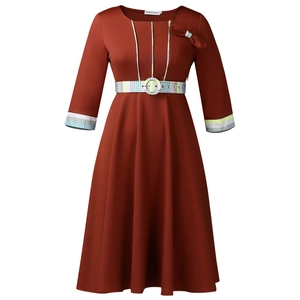 Detail view of round neck with bow and colorful plaid belt on rust red A-line dress