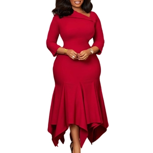 Detailed view of red slim fit dress featuring an asymmetrical lapel and fishtail hemline