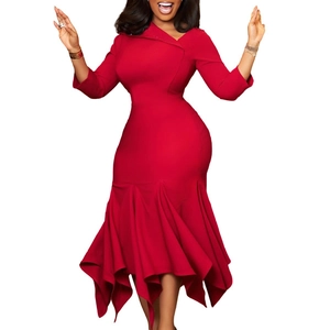 Elegant red midi dress with asymmetrical neckline, high waist and ruffled fishtail hem