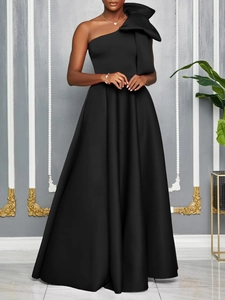 Elegant black one shoulder evening gown featuring a large bow and satin A-line silhouette