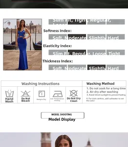 Detail guide of royal blue sequin evening dress showing size specs and washing instructions