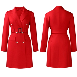 Detailed front and back view of a slim-fit red double-breasted blazer dress with belt