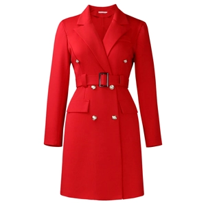 Detail of red double-breasted blazer dress with gold buttons and black buckle belt