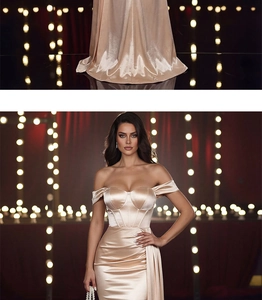 Detail of champagne satin evening gown showing corset bodice and elegant draping texture