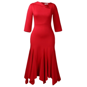 Close-up of elegant red dress featuring asymmetric collar and premium smooth fabric detail