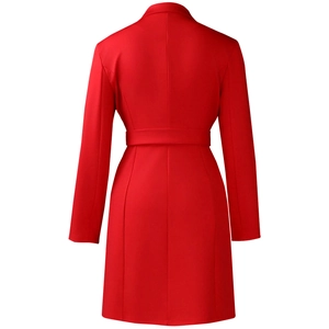 Back view of a red long-sleeved midi coat featuring a tailored waist belt and lapel collar