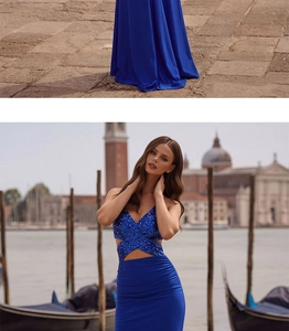 Detailed view of royal blue sequined V-neck bodice and ruffled fishtail evening gown hem