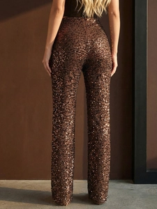 Pantaloni svasati con paillettes marroni da donna con vita alta e zip posteriore