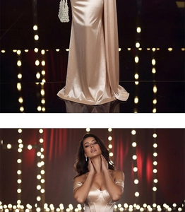 Detail of champagne satin mermaid gown featuring a structured corset bodice and elegant off-shoulder