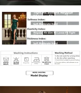 Detail guide of dark green sequin one-shoulder evening gown with slit and care instructions