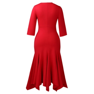 Back view of a red high-waist dress with invisible zipper and elegant pleated fishtail hem