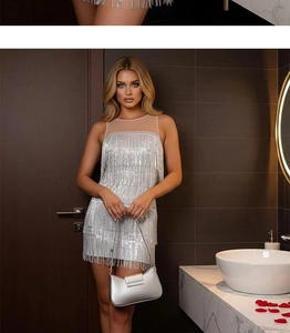Detail of silver sequin tassel cocktail dress with sheer mesh neckline and fringe