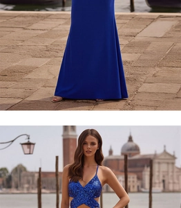 Detail of royal blue sequined V-neck bodice with geometric waist cut-outs on gown