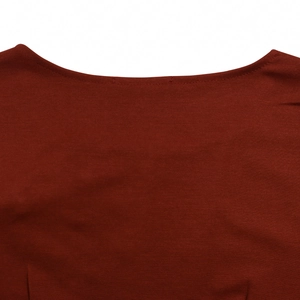 Close-up of elegant crew neck stitching and fine knit texture on a wine red dress