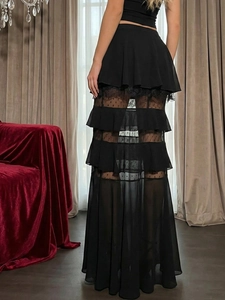 Elegant high waist black chiffon tiered maxi skirt with lace patchwork and mesh panels