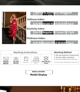Detail view of red fringe two-piece party set with material care labels and sizing specs