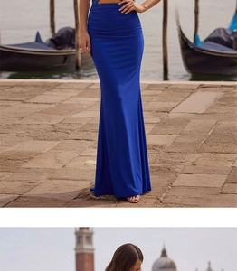 Detailed view of the royal blue sequin evening gown showing ruched fabric and mermaid silhouette