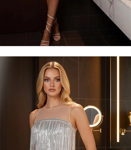 Detail of silver sequined party dress featuring mesh neckline and long shimmering tassels