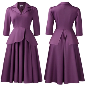 Vue avant et arrière de la robe peplum violet foncé avec col en V et manches 3/4