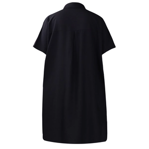Back view of a black short-sleeve shirt dress with lapel and pleated back yoke detail