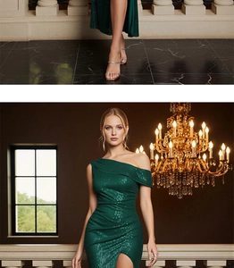 Detail of dark green sequin prom dress with one shoulder cut and high leg slit