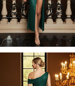 Detailed view of dark green sequin gown showing high slit hem and elegant back design