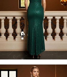Detail of dark green sequin evening gown with shimmering fabric and elegant mermaid cut