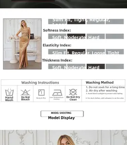 Size chart and fabric care guide for a sequined velvet evening dress with high slit