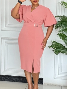 Women Elegant V Neck Puff Sleeve Bodycon Midi Dress With Belt Slim Fit Front Split African Fashion Commute Party Dress
