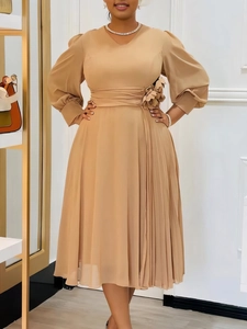 Elegant V-Neck Lantern Sleeve A-Line Midi Dress With 3D Flower Decoration High Waist Pleated Hem Women Evening Party Dress