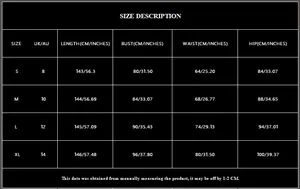 Detailed size chart for evening dress showing measurements in CM and INCHES for S to XL