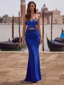 Women Elegant Royal Blue Sequin V Neck Backless Mermaid Maxi Dress High Waist Sleeveless Evening Party Nightclub Gown