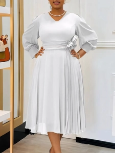 Elegant white V-neck long sleeve pleated midi dress with floral waist detail and lantern sleeves