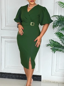 Elegant dark green V-neck dress with puff sleeves, waist belt and front slit