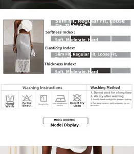 Infographic showing high waist silver sequin skirt with lace trim and size care chart