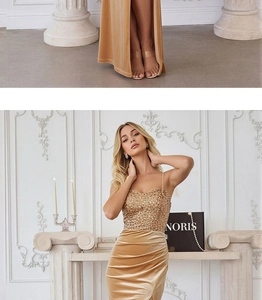 Close-up of champagne sequin bodice and high-slit velvet skirt on a formal evening gown