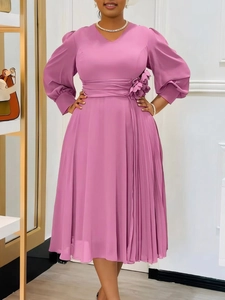 Elegant lilac A-line dress with V-neck, puff sleeves and 3D floral waist decoration