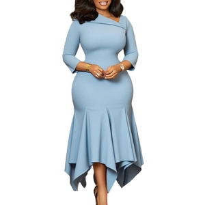 Detailed close-up of sky blue asymmetric collar and pleated irregular fishtail hemline