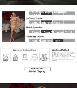 Detail showing the slim fit, stretch, and softness features of the gold sequin set