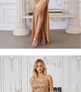 Detail of elegant gold sequin evening dress featuring high slit and heart neckline