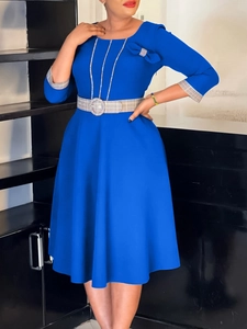 Elegant Women 3/4 Sleeve A-Line Midi Dress Round Neck Solid Color With Plaid Belt Bow Detail African Fashion Office Outfit