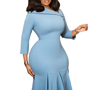 Detailed view of the sky blue slim fit dress with asymmetric fold collar and 3/4 sleeves