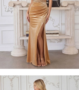 Detail of elegant gold velvet evening gown featuring sequins and a high side slit design