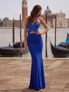 Elegant royal blue sequin V-neck evening gown with backless mermaid silhouette in Venice