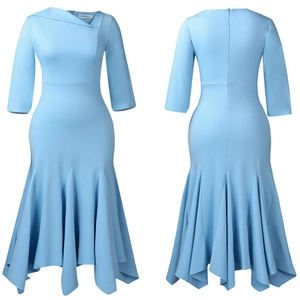 Detail view of light blue asymmetrical neckline and elegant fitted waist dress