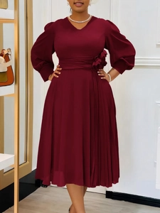 Elegant wine red V-neck midi dress with lantern sleeves and pleated A-line skirt