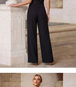 Détail d'un haut licou à paillettes noires avec pantalon de combinaison large à taille haute
