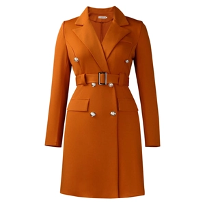 Detail of caramel blazer dress featuring a double-breasted design and matching waist belt